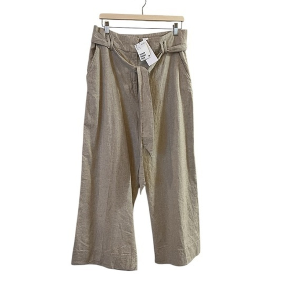 NWT H&M Linen Blend Natural Beige Wide Leg Pants w/ Tie Belt, 12